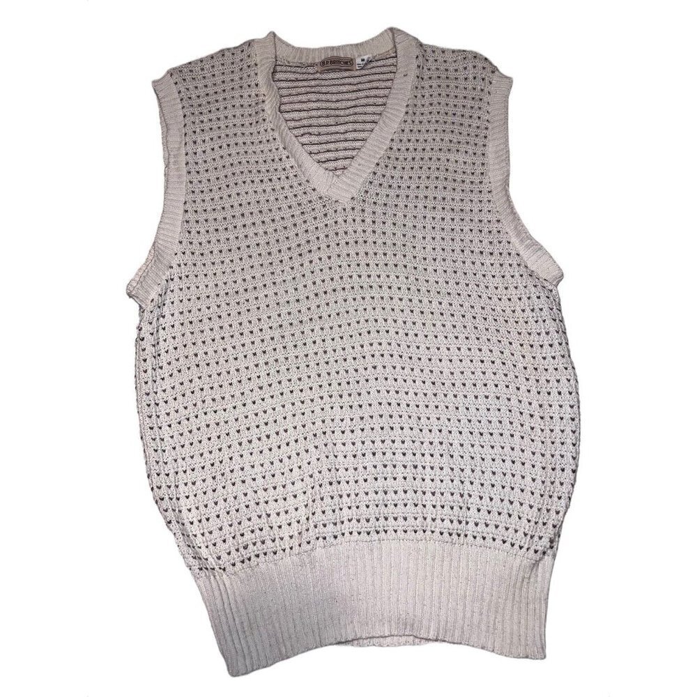 Vintage B.P. BRITCHES Mens 100% Beige Cotton Knit Sleeveless Sweater Vest